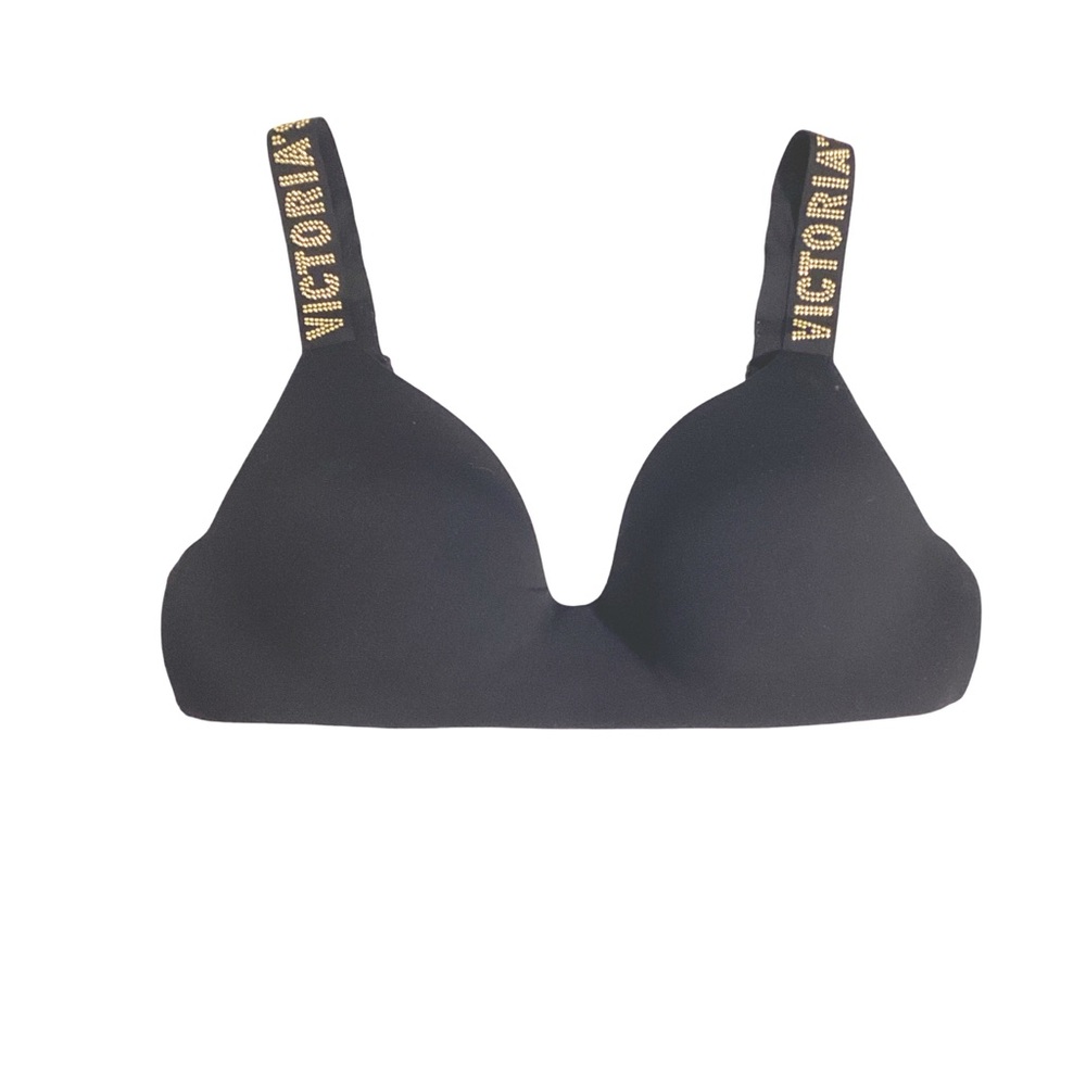 Victoria's Secret Black Bra W/ Gold Monogrammed Studded Straps 36 C
